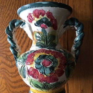 Italian incised vintage small vase four and a half inches high unmarked braided handles good condition