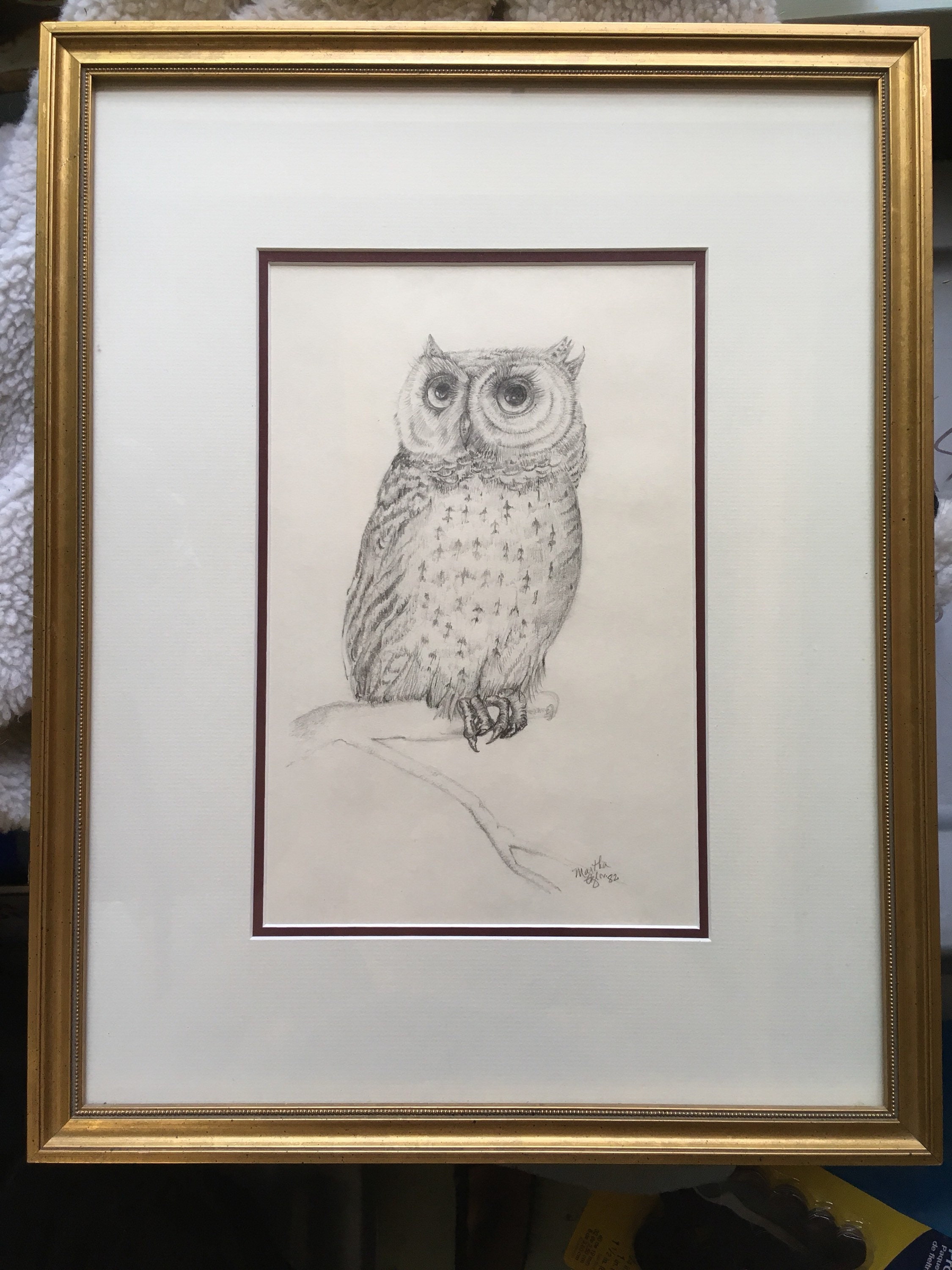 Owl Pencil Original Signed Professionally Framed 1985