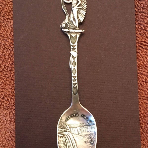 Niagara Falls New York @1910 sterling souvenir spoon L. D. A. (Anderson) Indian Dog Long Bow tomahawk  design on handle bowl decorated