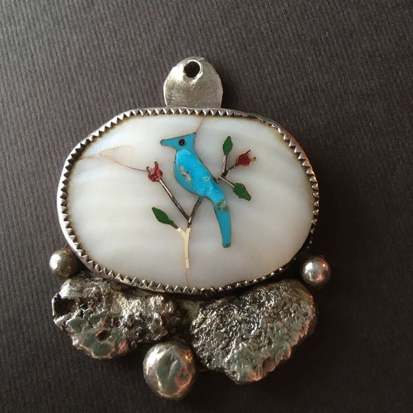 Old inlay Southwest large pendant bluejay unmarked
