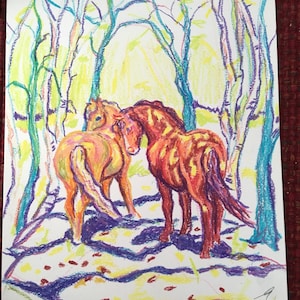 Original oil pastel drawing of horses by Chris Lorenz  signed