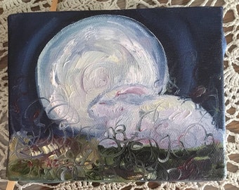 Le lièvre blanc sauvage dans la pleine lune au clair de lune peinture à l’huile originale signée par Lorenz sur toile tendue de lapin lapin magique vraiment magique petit