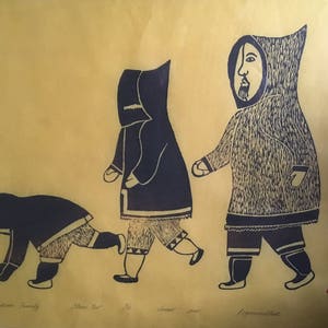 Eegyvudluk Pootoogook 1974 &quot;Eskimo Family&quot; stone cut print #5/50 chops Cape Dorset Studio Inuit artist 60&#39;s-70&#39;s