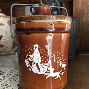 Cheese crock with bail lid 1980&#39;s Christmas tree dog family father child