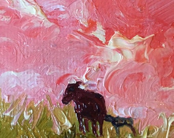 Cows original impressionist oil on board signed by Chris Lorenz small 4" x 4" landscape