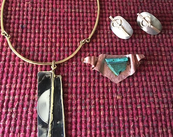 Brass copper modernist brutalist lot Earrings brooch necklace (lot # 1)