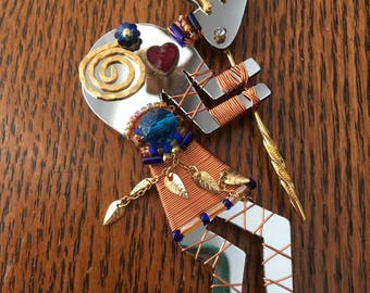 LIZTECH Kokopelli brooch pin collectible 1994 signed rare unique unusual vintage fun moving parts costume jewelry