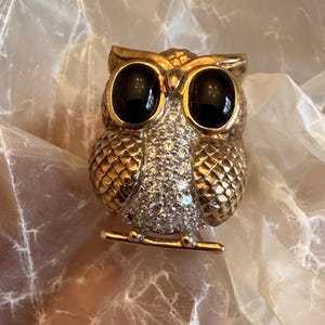 May include: A gold-toned owl brooch with black oval eyes and a body encrusted with clear crystals. The owl's chest is covered in sparkling crystals, and the wings and head have a textured, scale-like design. The brooch is a decorative accessory.