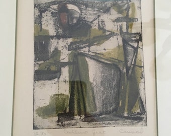 May include: A black and white abstract print with green and grey accents. The print is numbered 12/30 and signed "Callie Greer" and "Camouf".