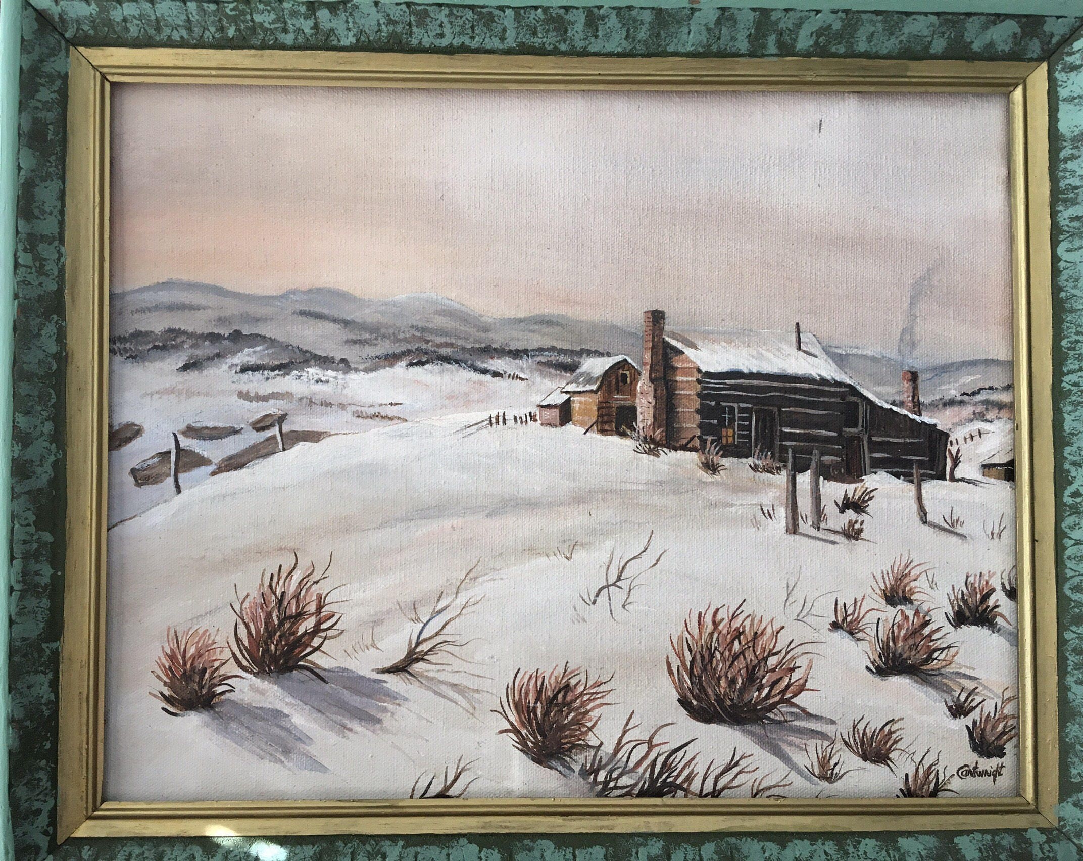 Laramie Texas cabin original signed painting of cabin by Helen Cartwright "North of Laramie" 1978