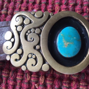 Hippie hipster belt buckle K Dupree 1960&#39;s-1970&#39;s brass psychedelic medium size ladies or men&#39;s marked F 103 and signature stamp on back