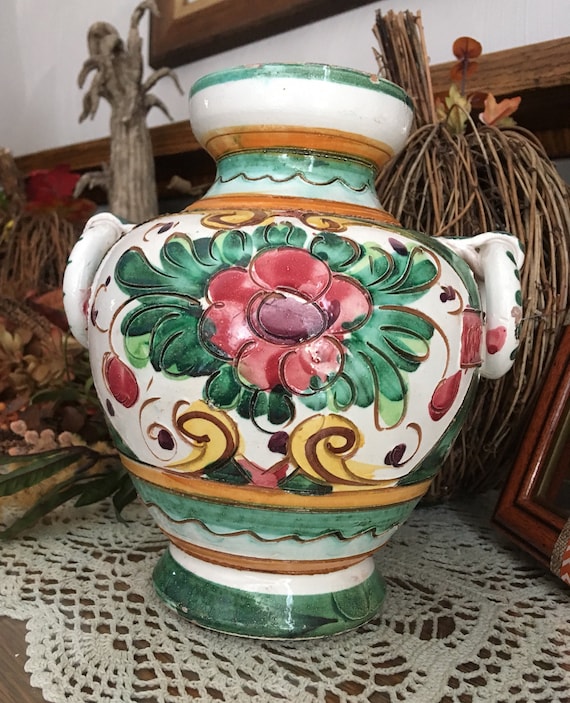made in italy 花瓶 Italian Majolica Terracotta Incised Urn Vase Flowers Italy 172