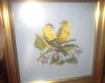 goldfinch finished framed needlepoint vintage Boston Needleworks New Jersey state bird beautiful yellow birds