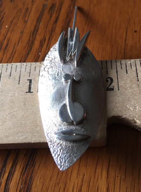 Broche Moderniste Vintage Années 80 - Masques/Visages - Taille XXL 70x35 Mm - Argenté Alliage - Occasion
