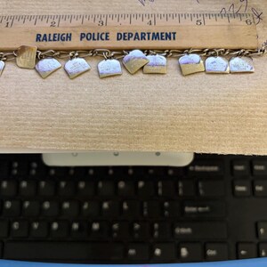 May include: A gold-toned charm bracelet with several diamond-shaped charms and a rectangular charm. The charms are attached to a chain. A wooden ruler with the text "RALEIGH POLICE DEPARTMENT" is above the bracelet.