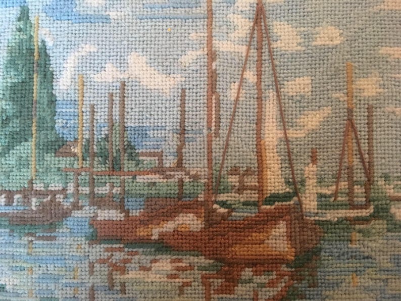 Sailboats in harbor needlepiont vintage