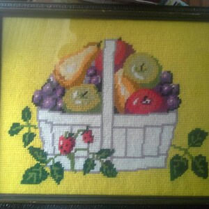 vintage needlepoint fruit basket framed cheerful yellow background possibly 60&#39;s