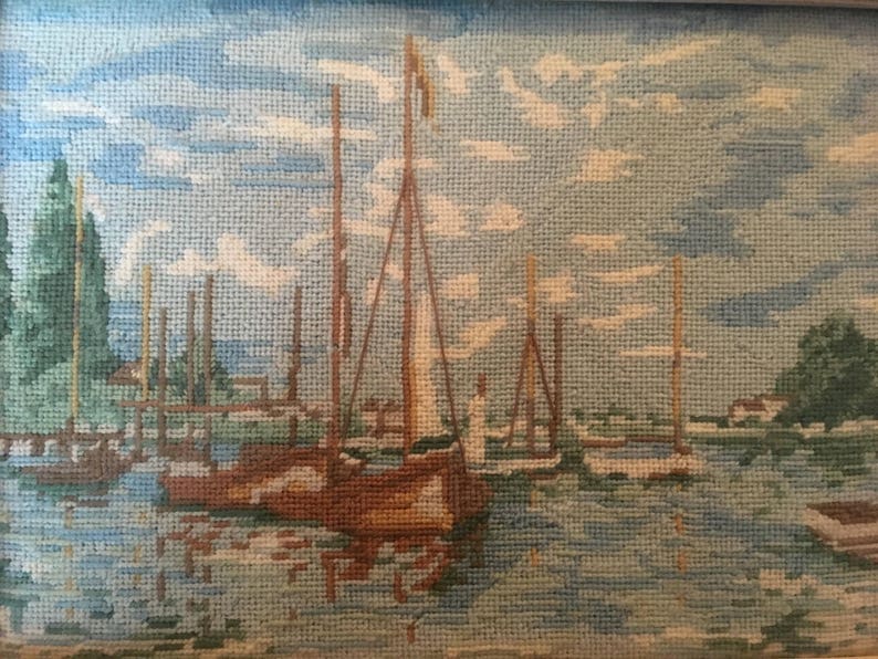Sailboats in harbor needlepiont vintage