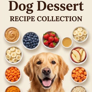 Könnte beinhalten: Ein lächelnder Golden Retriever ist das Zentrum eines Kochbuchcovers. Der Titel lautet "The Complete Dog Dessert Recipe Collection". Schalen mit Obst und anderen Zutaten umgeben den Hund. Das Bild enthält auch den Text "Wholesome Treats & Frozen Delights for Your Best Friend."