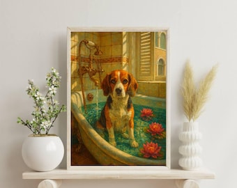 Vintage Dog Bath Art Print: Beagle in Ornate Tub (Digital Download)