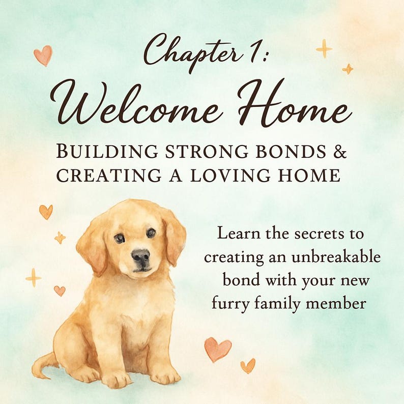 Może przedstawiać: Ilustracja akwarelowa przedstawiająca szczeniaka golden retrievera. Obraz zawiera tekst "Chapter 1: Welcome Home" i "Building Strong Bonds & Creating a Loving Home". Tekst m&oacute;wi r&oacute;wnież: "Poznaj sekrety tworzenia nierozerwalnej więzi z nowym, futrzanym członkiem rodziny."
