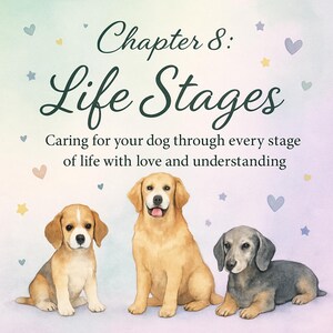 Może przedstawiać: Ilustracja akwarelowa przedstawiająca trzy psy: beagle, golden retriever i jamnika. Obraz zawiera tekst "Rozdział 8: Etapy życia. Opieka nad psem na każdym etapie życia z miłością i zrozumieniem."