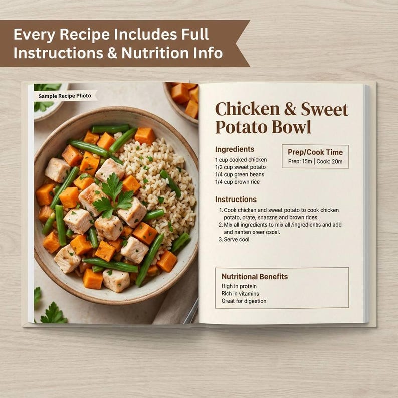 May include: Open cookbook with a recipe for a Chicken & Sweet Potato Bowl. The recipe includes ingredients, instructions, and nutritional benefits. The bowl contains chicken, sweet potato, green beans, and brown rice.