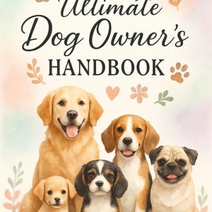 Puede incluir: Ilustración en acuarela de cinco perros, incluyendo un Golden Retriever y un Beagle, con el texto "The Ultimate Dog Owner's Handbook". La imagen tiene un fondo pastel con huellas de patas y detalles florales.