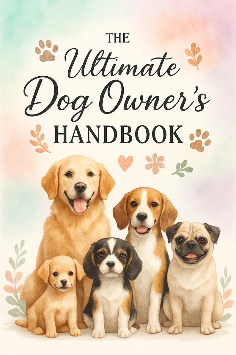 Może przedstawiać: Akwarelowa ilustracja pięciu ps&oacute;w, w tym Golden Retriever i Beagle, z napisem "The Ultimate Dog Owner's Handbook". Obraz ma miękkie, pastelowe tło z odciskami łap i kwiatowymi akcentami.