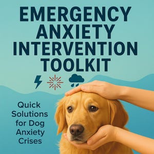 May include: A golden retriever dog is the central image, with hands gently touching its head. The text reads "Emergency Anxiety Intervention Toolkit" and "Quick Solutions for Dog Anxiety Crises" on a teal background with graphic icons.