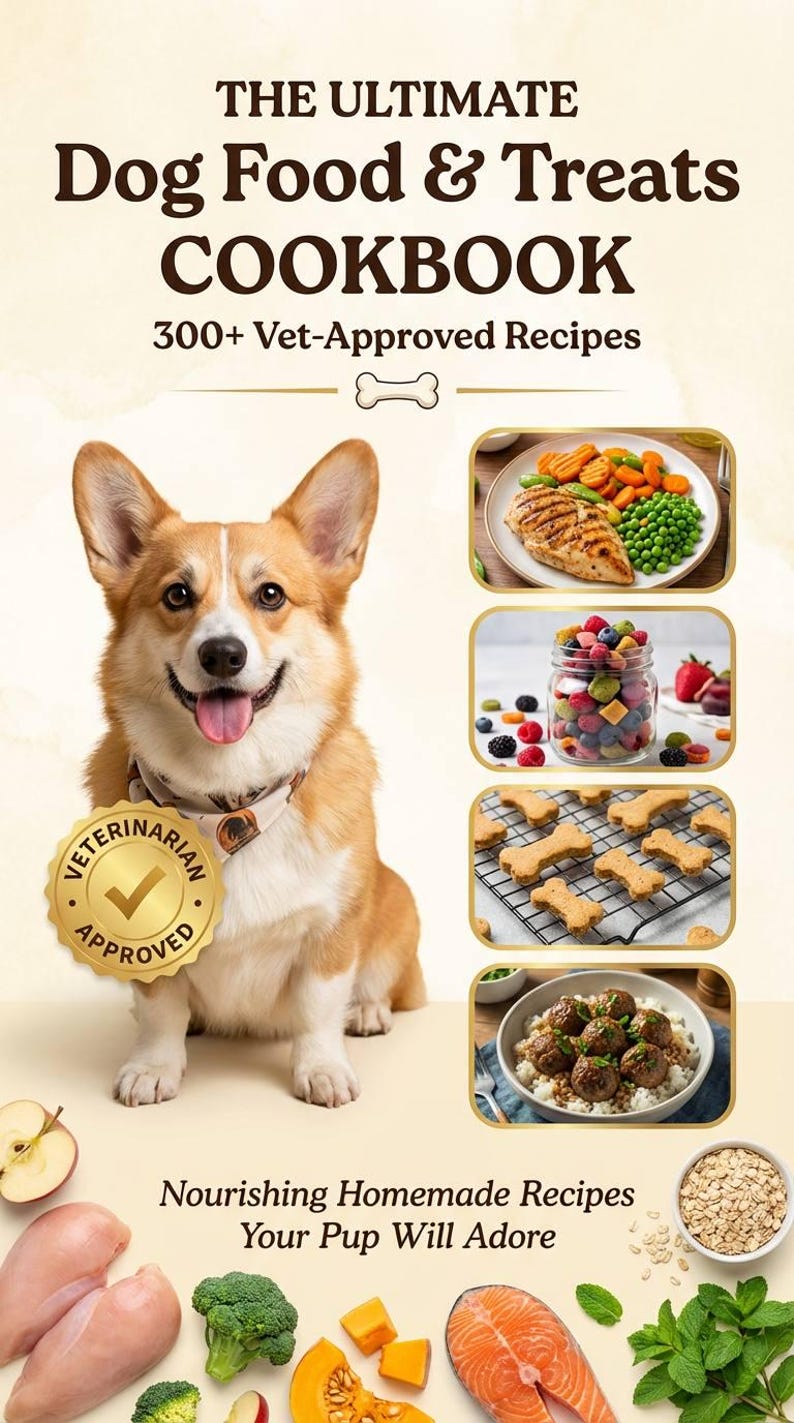 May include: A cookbook titled "The Ultimate Dog Food & Treats Cookbook" with "300+ Vet-Approved Recipes." A smiling corgi dog with a "Veterinarian Approved" seal is featured. Images of dog food and treats are shown, along with fresh ingredients.