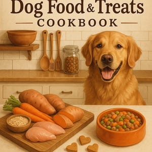 Pode incluir: Um livro de receitas intitulado "The Ultimate Homemade Dog Food & Treats Cookbook" com um golden retriever. A imagem inclui ingredientes como batata doce, cenoura e frango, juntamente com guloseimas para cães e uma tigela de comida para cães. O texto diz "72 receitas aprovadas por veterinários para cães saudáveis e felizes."