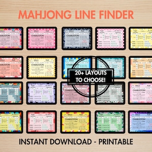 May include: A collection of colorful Mahjong Line Finder cards with various layouts. Each card features the word "Charleston" and game instructions. The image includes the text "20+ LAYOUTS TO CHOOSE!" and "INSTANT DOWNLOAD - PRINTABLE".