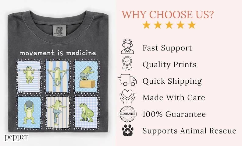 May include: Dark gray t-shirt with the phrase "movement is medicine" above a grid of illustrated frogs in various exercise poses. The shirt also features the word "pepper" at the bottom.
