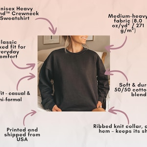 May include: A dark gray unisex crewneck sweatshirt. The medium-heavy fabric is a 50/50 cotton-poly blend. Features a classic relaxed fit for everyday comfort, with a ribbed knit collar, cuffs, and hem. The sweatshirt is printed and shipped from the USA.