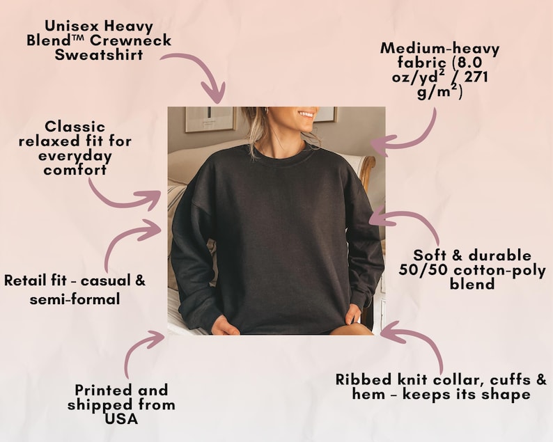 May include: A dark gray unisex crewneck sweatshirt. The medium-heavy fabric is a 50/50 cotton-poly blend. Features a classic relaxed fit for everyday comfort, with a ribbed knit collar, cuffs, and hem. The sweatshirt is printed and shipped from the USA.