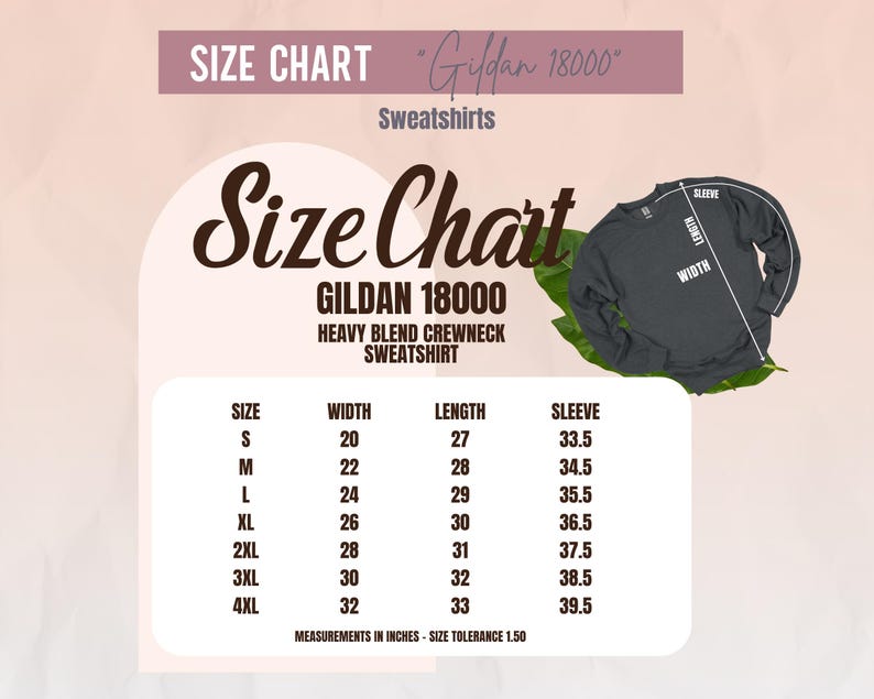 May include: A size chart for Gildan 18000 heavy blend crewneck sweatshirts. The chart displays sizes S to 4XL, with measurements in inches for width, length, and sleeve length. A dark gray sweatshirt is shown on the right.