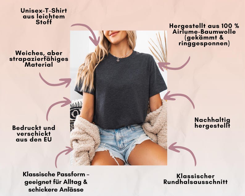 May include: A dark gray unisex t-shirt with a classic crew neck. The shirt is made of soft, durable material and is sustainably produced. The image includes text in German describing the shirt's features, including its lightweight fabric and classic fit.