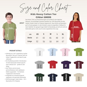 May include: Size and color chart for kids' heavy cotton tees. The chart displays measurements in centimeters for sizes XS to XL. Various tee colors are shown, including white, light blue, pink, green, gray, red, purple, and maroon.