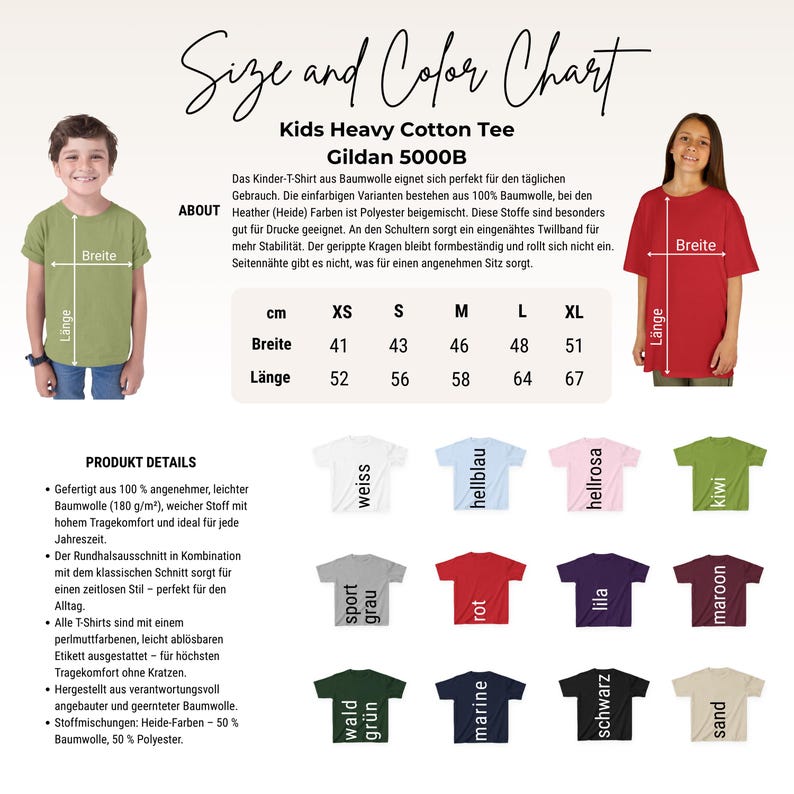 May include: Size and color chart for kids' heavy cotton tees. The chart displays measurements in centimeters for sizes XS to XL. Various tee colors are shown, including white, light blue, pink, green, gray, red, purple, and maroon.