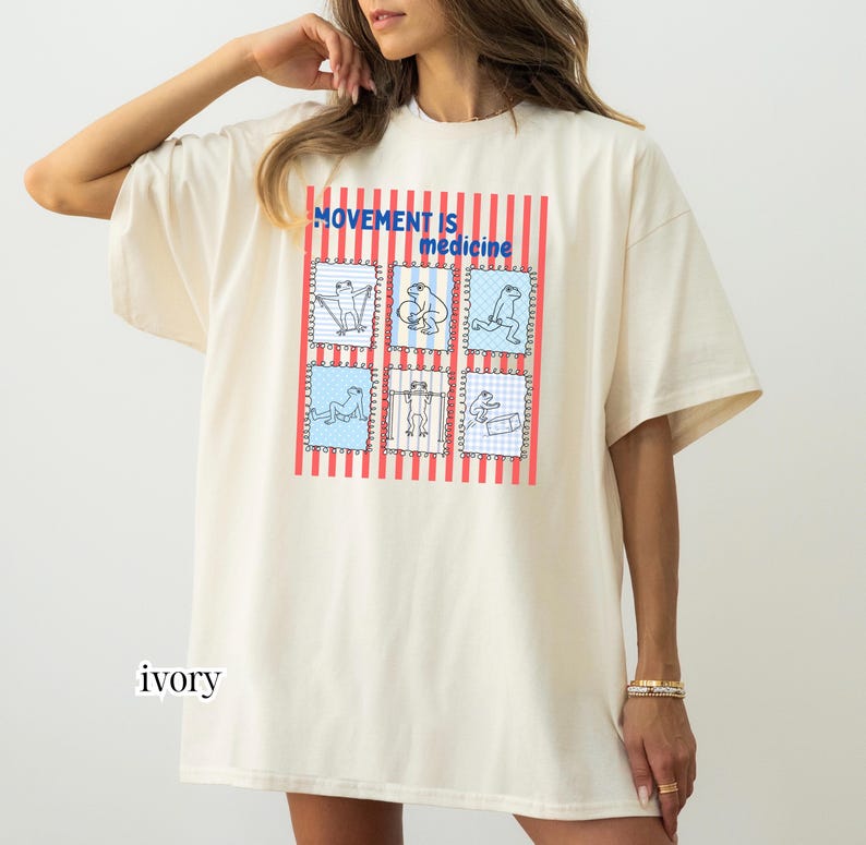 frogs doing therapy exercises on a Comfort Colors® t-shirt with “movement is medicine” text with stamps and lines in background design, printed on soft cotton shirt in various earthy tones