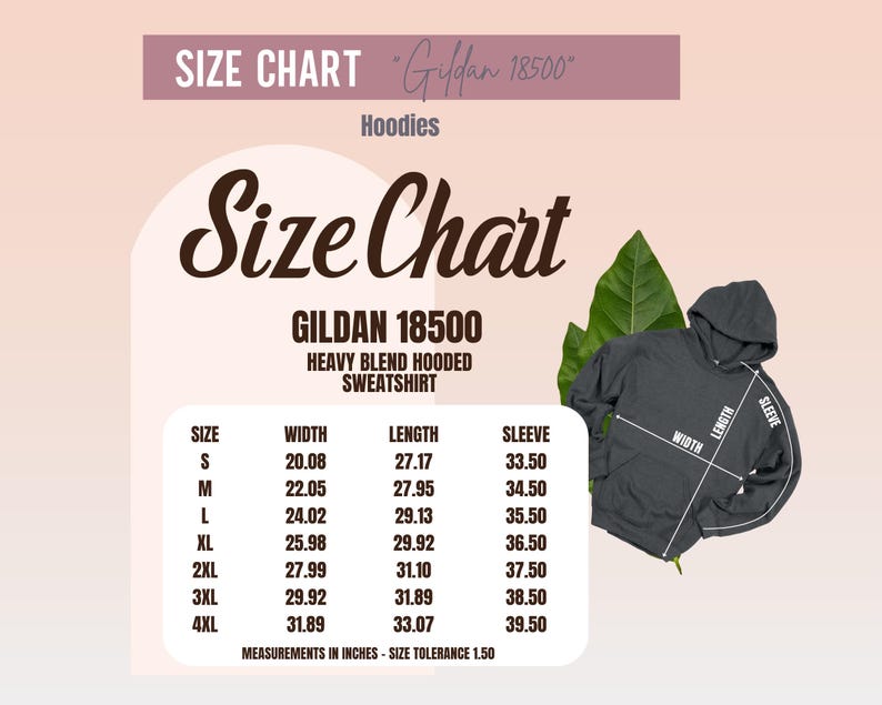 May include: Size chart for Gildan 18500 heavy blend hooded sweatshirt. The chart shows measurements in inches for width, length, and sleeve for sizes S through 4XL. A gray hoodie is shown with measurement lines.