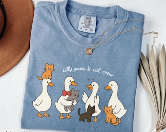 Comfort Colors® Silly Goose And Cat Crew Shirt, Funny Animal Graphic Tee, Cute Cat Lover Gift, Goose Meme T-Shirt For Her