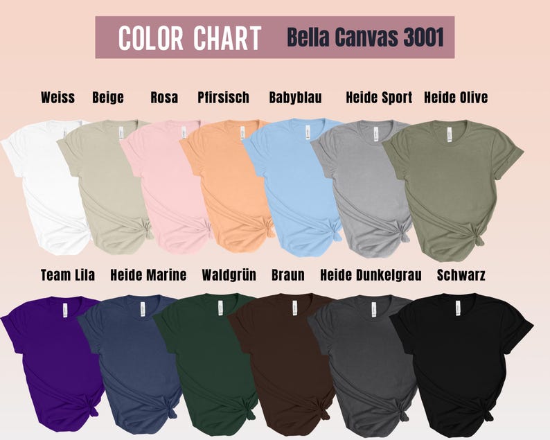May include: A color chart displays a variety of Bella Canvas 3001 t-shirts in various colors. The colors include white, beige, pink, peach, light blue, gray, olive green, purple, navy, dark green, brown, dark gray, and black.