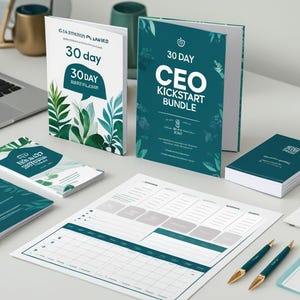 Puede incluir: Un conjunto de materiales de planificación empresarial, que incluyen cuadernos, una agenda y blocs de notas, con el texto "30 Day CEO Kickstart Bundle". Los artículos son de color verde azulado y blanco, con ilustraciones botánicas.