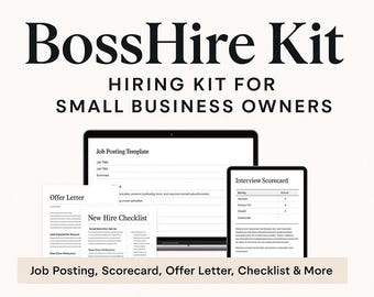 May include: The image displays a "BossHire Kit" for small business owners. It includes a laptop and tablet showing templates for job postings, offer letters, and checklists. The text at the bottom reads "Job Posting, Scorecard, Offer Letter, Checklist & More."