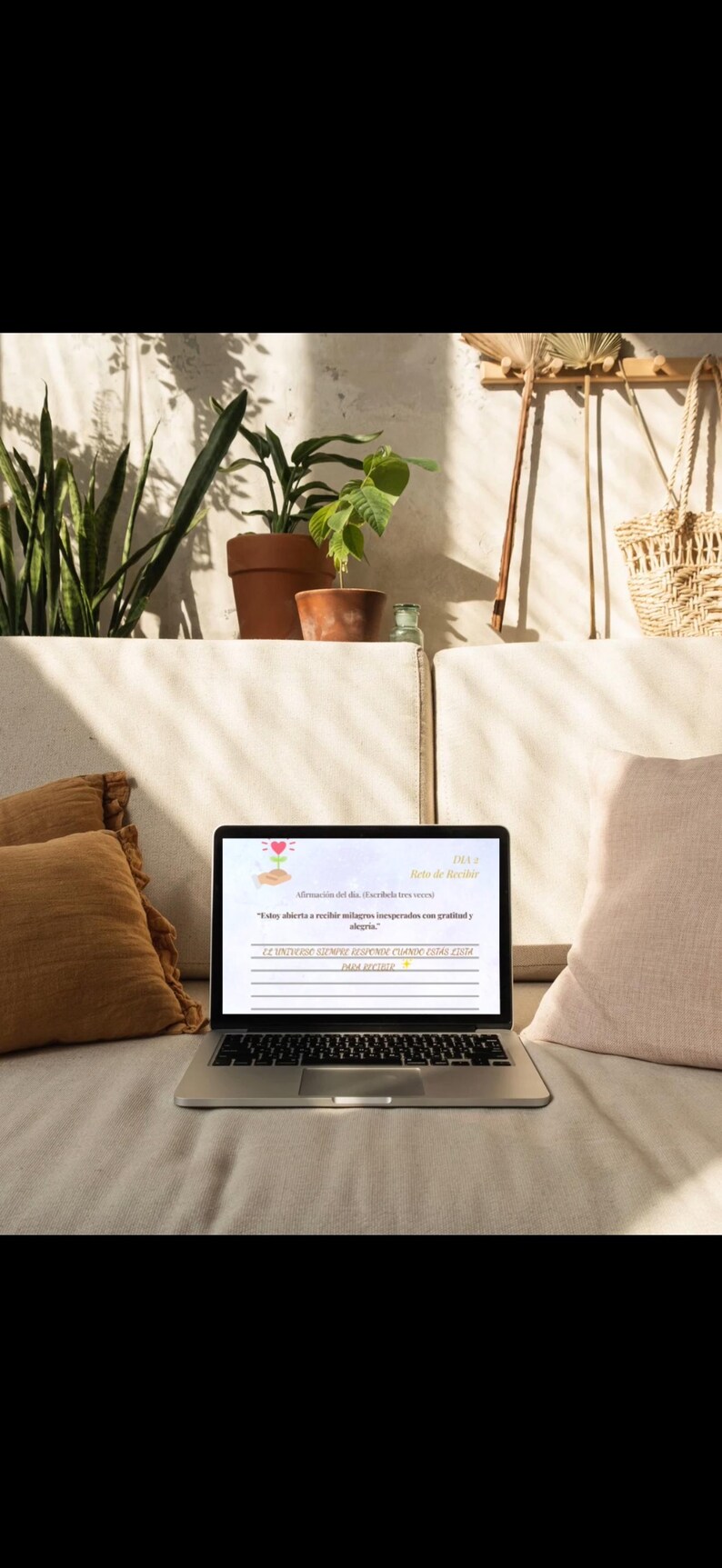 K&ouml;nnte beinhalten: Ein Laptop mit spanischem Text, der auf einer hellen Oberfl&auml;che liegt, mit einem braunen Kissen links und einem rosa Kissen rechts. Der Hintergrund zeigt Topfpflanzen und dekorative Gegenst&auml;nde.