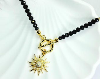 Black Beaded Choker – Handmade Gold Sun Pendant Necklace