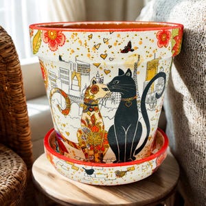 Könnte beinhalten: Dekorativer Blumentopf aus Keramik mit passender Untertasse. Der Topf zeigt ein skurriles Design von zwei Katzen, einer schwarzen und einer orangefarbenen, mit einem Stadtlandschaftshintergrund. Der Rand und die Untertasse haben einen roten Rand.