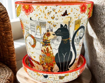 Cool Cats Colorful and Artistic 6" Terracotta Flower or Plant Pots | Mother's Day Gift | Decoupage Art & Hand Painted Designs